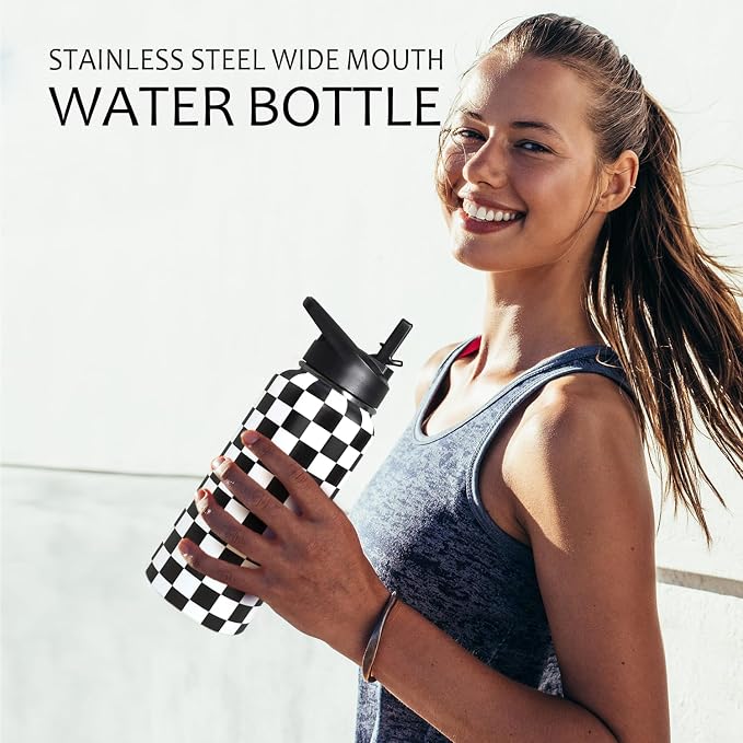 32oz Checkered Stainless Insulated Aater Water Bottle with Straw,Checkered Gym Hiking Sports Coffee Mug Cup Water Bottles,Checkered Gifts for Women,Checkered Decor Stuff Accessories
