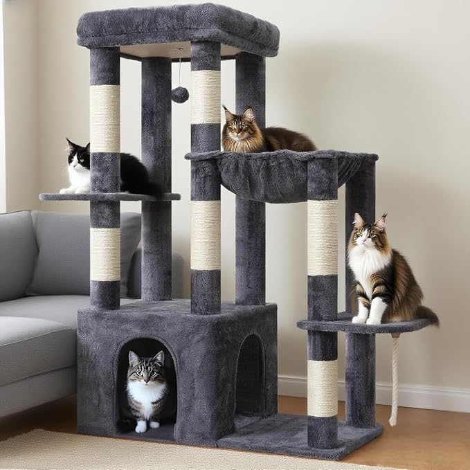 Heybly Heavy Duty Cat Tree with Large Base for Large Indoor Cats HCT026G | Cat Tower with Scratching Posts, Tall Cat Condo House , Multi-Level Plush Furniture with Hammock & Toy Balls, Smoky Gray
