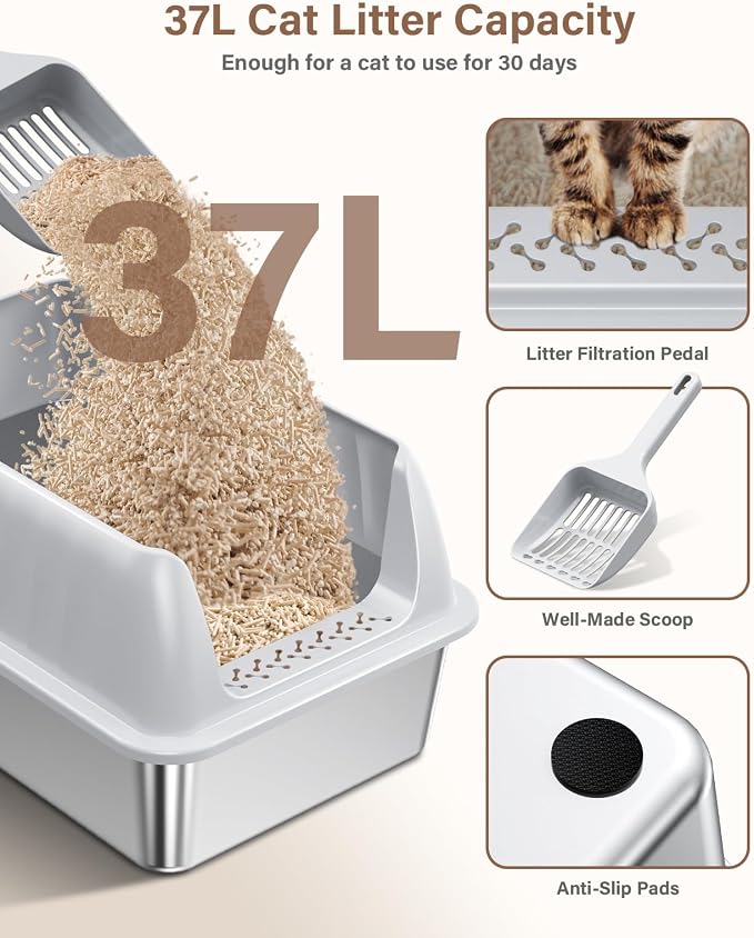 Stainless Steel Cat Litter Box XL with Lid, Enclosed Metal Extra Large Litter Box Pan High Sided with Scoop for Big Cats, Non-Sticky, Anti-Urine Leakage, Easy Cleaning (Light Gray, Large)