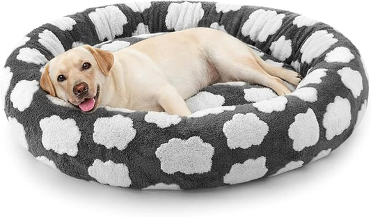 JOEJOY Donut Large Dog Bed, Cute Round Calming Dog Bed with Removable Washable Cover, Orthopedic Pet Beds with Jacquard Shaggy Plush & Non Skid Bottom, Black
