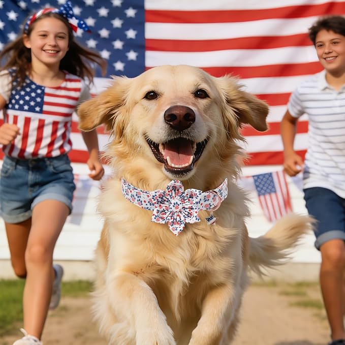 4th of July American Flag Dog Collar, DOGWONG Red Blue Flower Dog Collar with Metal Adjustable Buckle,Soft and Comfortable Independence Day Dog Collars for Large Dogs,XL