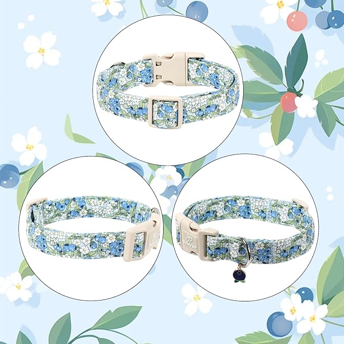 Blueberry Pattern Dog Collar, Cute Light Blue Spring Summer Puppy Collar - Soft Adjustable Designer Dog Collars for Small Medium Large Dogs L