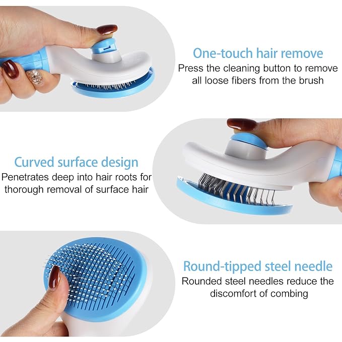 1Pc Cat Hair Brush Self Cleaning Slicker Brush with Release Button Pet Grooming Tool Skin Friendly Deshedding Brush for Dogs and Cats Easy Clean Blue 7.48 x 3.94 in