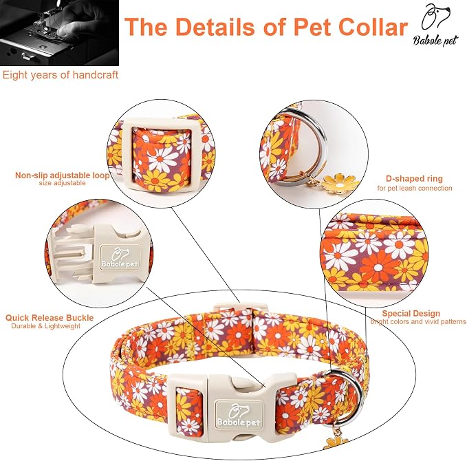 Fall Dog Collar Vintage Daisy Puppy Collar - Hippie Flower Dog Collars Light Comfortable Adjustable Pet Collars for Small Medium Large Girl Boy Dogs S
