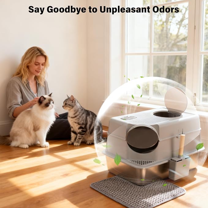 Extra Large Stainless Steel Litter Box with Lid, XL Enclosed Metal Cat Litter Pan, Front Entry Top Exit, Flip-Top, Easy Clean Leak Proof Odor Free, Includes Scoop & Mat, Grey