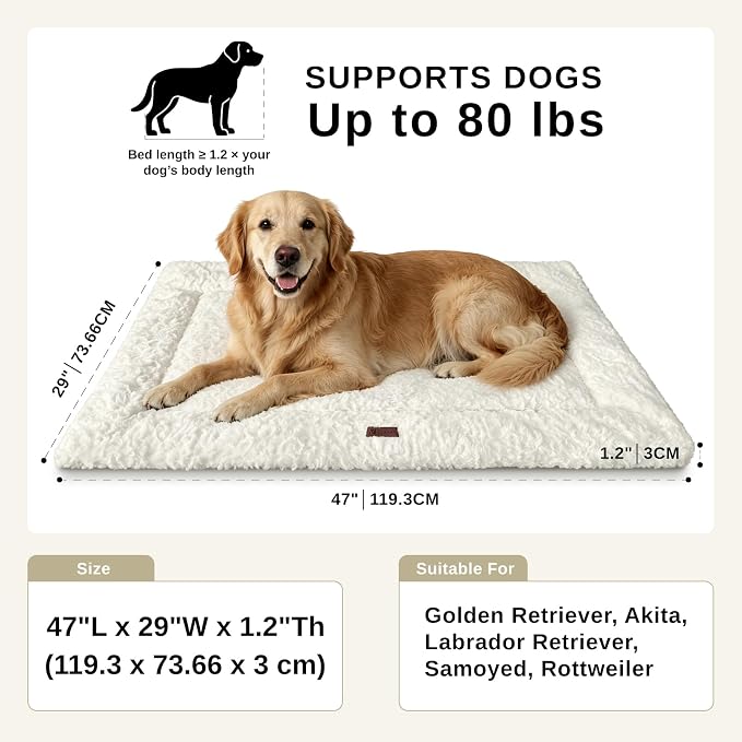 Reversible Dog Crate Mat for X-Large Dogs,Oxford & Fleece,47"x29",Beige | 1.2" Fill Preserves Crate Height,Fleece Cozy,Wipes Clean,Splash-Proof,Machine Washable, Folds Flat For 30" Wire Crate & Go