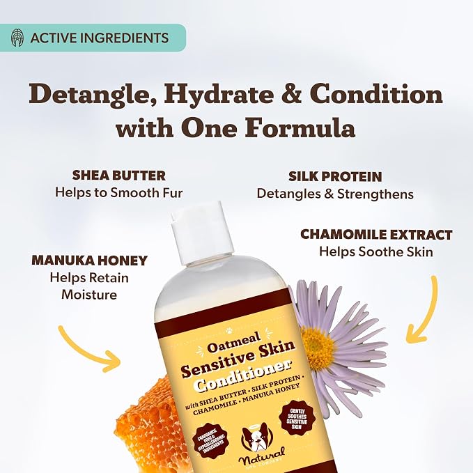 Natural Dog Company Oatmeal Shampoo & Sensitive Skin Conditioner Bundle for Dogs – Anti-Itch, Hypoallergenic Oatmeal Formula with Manuka Honey & Chamomile, Moisturizing, Deodorizing & Detangling Groom