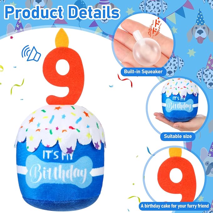Dansydaisy Dog Birthday Cake Toy Squeaky Plush Toy for Girl Boy Gifts, Chew Accessories for Dog Birthday Party Decor Favor for Large, Medium and Small Dogs(9th,Blue)