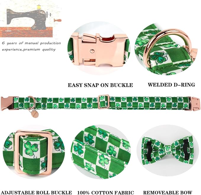DOGWONG St.Patrick's Day Dog Collar Green Clovers Plaid Bowtie Dog Necklace Adjustable Dog Collar Bow Tie for Small Medium Large Dogs