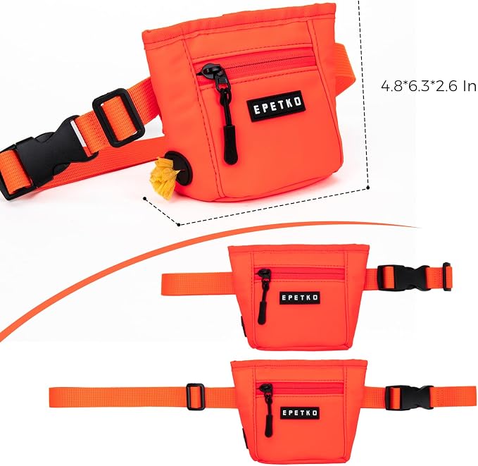 Dog Treat Pouch, Powerful Magnet Closure Device Dog Training Treat Bag Large Capacity Pet Treat Pouch with Poop Bag Dispenser Treat Bag for Dog Training with Metal Waistband Clip (Orange)
