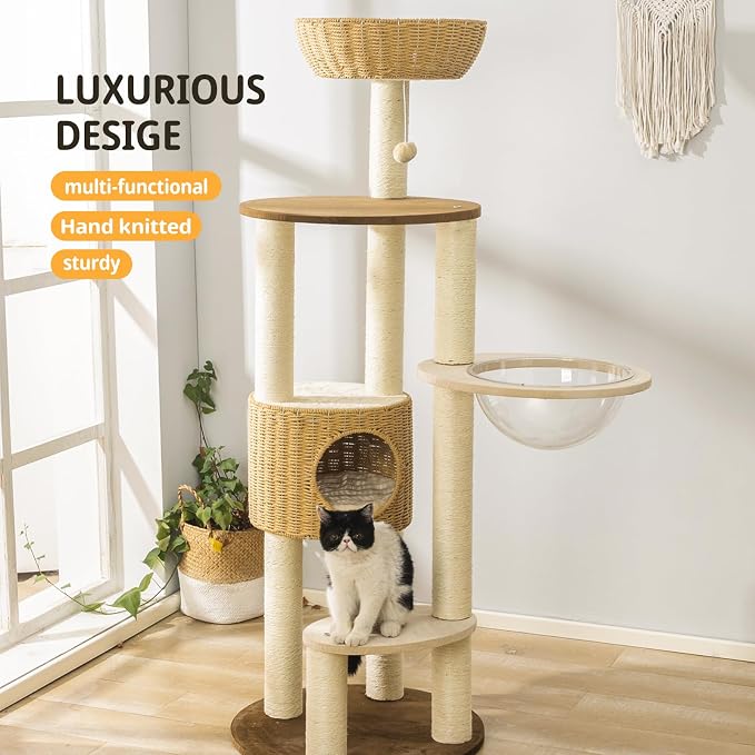 SHODMI 58-Inch Modern Multi-Level Cat Tree Tower for Large Indoor Cats | 8 cm thick sisal posts, semi-enclosed cat condo, clear space capsule, handwoven basket, replaceable plush and cooling mats