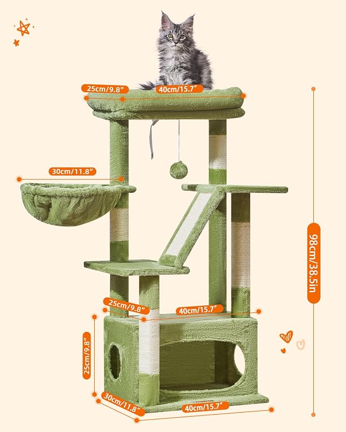 Taoqimiao Cat Tree, 38.5In Cat Tower for Indoor Cats, Suitable for Kittens | Thick Padded Top Perch, Luxurious Cat Condo, Adjustable Basket, 1-Piece Ramp Scratcher, 3 Sisal Posts, Green, MS029SGR