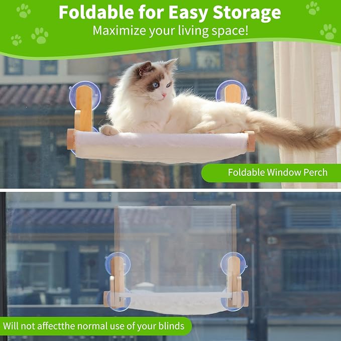 Cat Window Perch, Foldable Cat Hammock with Faux Rabbit Fur Cover | Wooden frame, four suction cups and removable washable cushion; no-drill setup, 20.47 x 14.96 in resting area for large cats.
