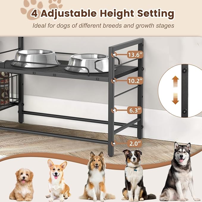 Lomivra Elevated Dog Bowls, Raised Dog Bowl Stand with Dog Toy Bin Basket Dog Food and Water Bowl Feeding Station, Lifted Dog Bowl Holder Cabinet with Pet Storage Organizer for Large Medium Small Dogs