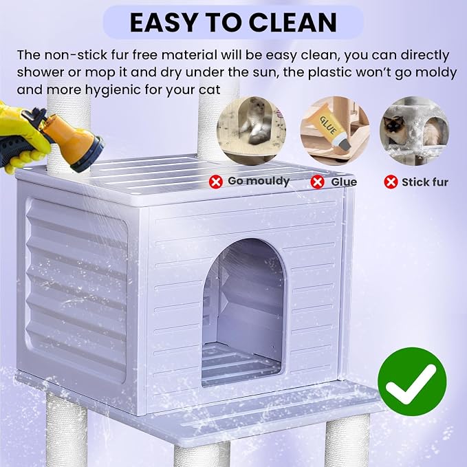 61in Weatherproof Large Cat Condo with Scratch Post for Indoor&Outdoor Cats | Purple Cat Tree Tower with Cat House,Plastic Panels&Durable Polypropylene Scratch Ropes,Suitable for Catio,Deck,Patio CTT-3