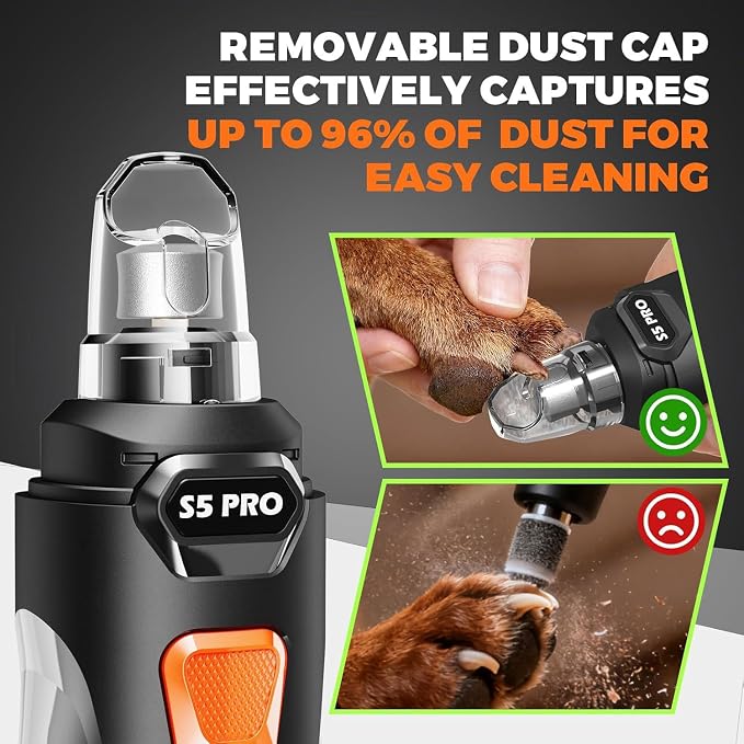 Whisper Quiet Dog Nail Grinder Safe & Stress-Free for Sensitive Dogs Cats | 4 LED Lights,3 Grinding Bits, 3-Speed, Pet Nail Trimmers, Rechargeable Painless Grooming Kit for All Breeds & Sizes