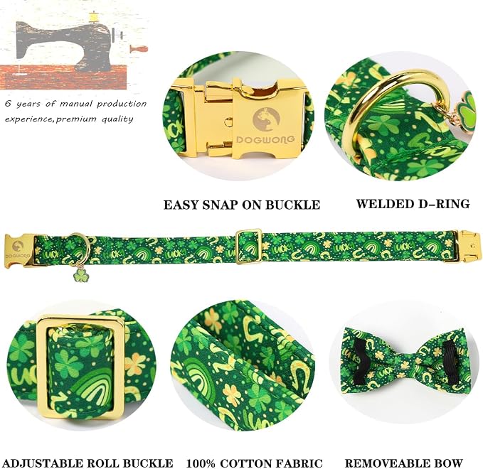DOGWONG St. Patrick's Day Dog Collar with Bow Tie- Lucky Shamrock Bowtie Collar for Girl Boy Dog, Trefoil Dogs Collars Durable Adjustable, M