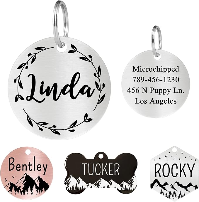 Ultra Joys Stainless Steel Pet ID Tags - Personalized Front and Back Engraving, Round Tag Vine Design, Silver Small