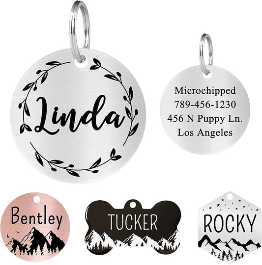 Ultra Joys Stainless Steel Pet ID Tags - Personalized Front & Back Engraving, Custom Dog & Cat Tags, Optional Two-Sided Engraving, Round Vine Design, Silver Large