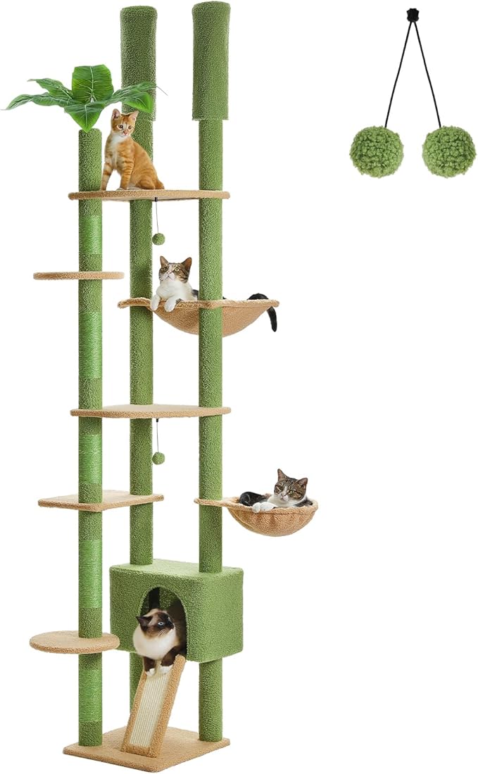 PEQULTI Floor to Ceiling Cat Tree Tower, Height Adjustable 230-252cm, Green | Cactus climbing pole for large cats with cat condo, hammock & sisal scratching posts; measure ceiling, fits 230-252cm