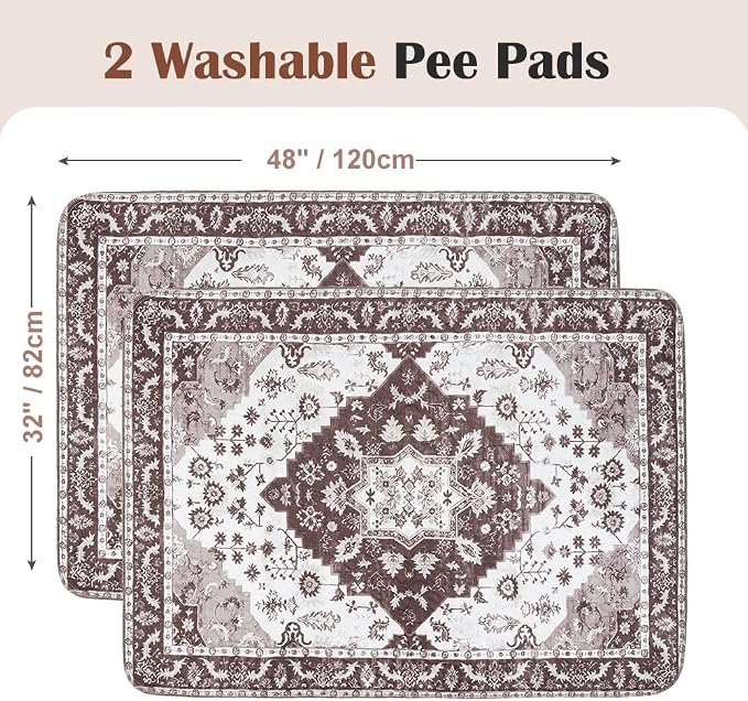Washable Pee Pads for Dogs, 2 Pack Reusable Puppy Training Pads 48"x32" Super Absorbent Waterproof Dog Training Pads, Non-Slip Potty Pads, Whelping Pads Litter Mat Light Brown Medallion