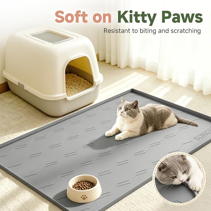 Songrey Silicone Cat Litter Mat 34" x 22", Large Litter Trapping Mat, Gray | Waterproof, Urine-Proof Litter Box Mat for Floor, Soft on Kitty Paws, Easy To Clean, Cat Supplies, Pet Feeding Mat