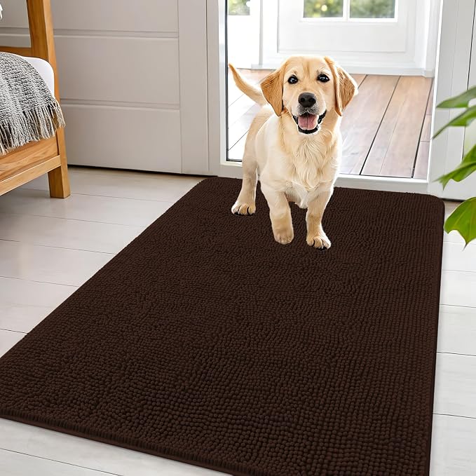 OLANLY Dog Door Mat for Muddy Paws 44x32, Super Absorbent Chenille Mud Mat | Brown, Absorbs Moisture and Dirt, Non-Slip Machine Washable Doormat, Quick-Drying Indoor Entryway Floor Carpet for Dogs