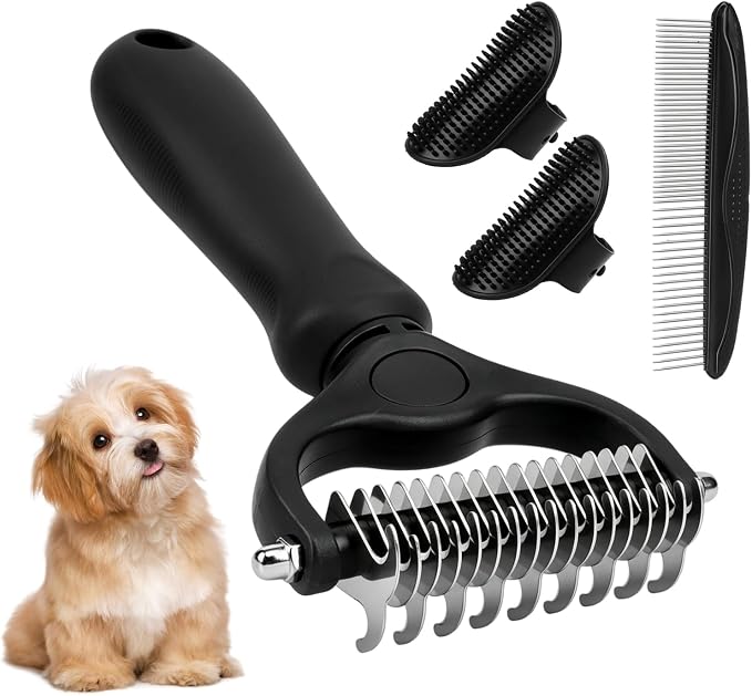 Double-Sided Pet Grooming Rake, 4-in-1 Professional Pet Grooming Kit, Deshedding and Dematting Tool for Dogs and Cats, Ideal for Long & Short Haired Pets (Black Kit 4PCS)