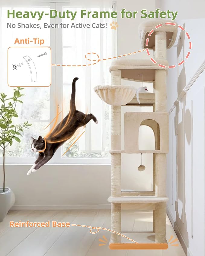 Taoqimiao Heavy-Duty Cat Tree, 71 in Cat Tower for Large Cats 20lbs+ | 3 Giant Multi-Tier Perches, Widened Cat Condo with 9 Scratching Posts, Plush Hammock & Basket, Toys, Beige, MS034M
