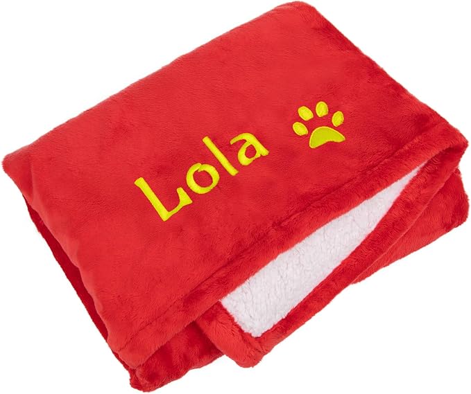 GoTags Personalized Premium Fluffy Dog Blanket, Super Soft Sherpa Fleece Blanket for Pets with Custom Embroidered Name and Paw, Large (40x30 inch), Red