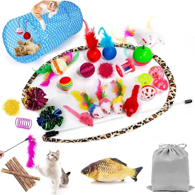 AILUKI 35PCS Cat Toys Variety Pack for Indoor Cats, Kitten Toys Set with Collapsible Cat Tunnel, Feather Wand, Plush Mice, Crinkle Balls & Interactive Cat Toys Bundle Storage Bag