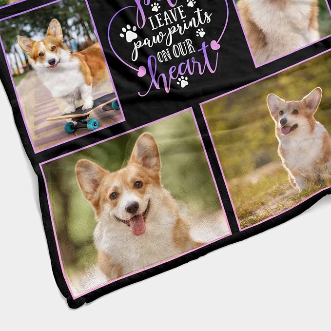 Personalized Dog Pet Memory Blankets with Beloved Photo Pet Leave Paw Prints in Our Heart Custom Loss of Loved one Memorial Blanket Gift for Dogs Cats Pets Lovers 50X60 Inch