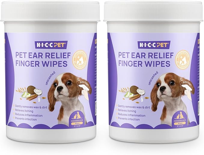 HICC PET Ear Cleaner Finger Wipes for Dogs & Cats, Clean Wax, Dirt & Odor, Soothing Itchy Ears, Gentle and Hypoallergenic Ear Cleaning Wipes for Daily Care-100ct(Unscented)