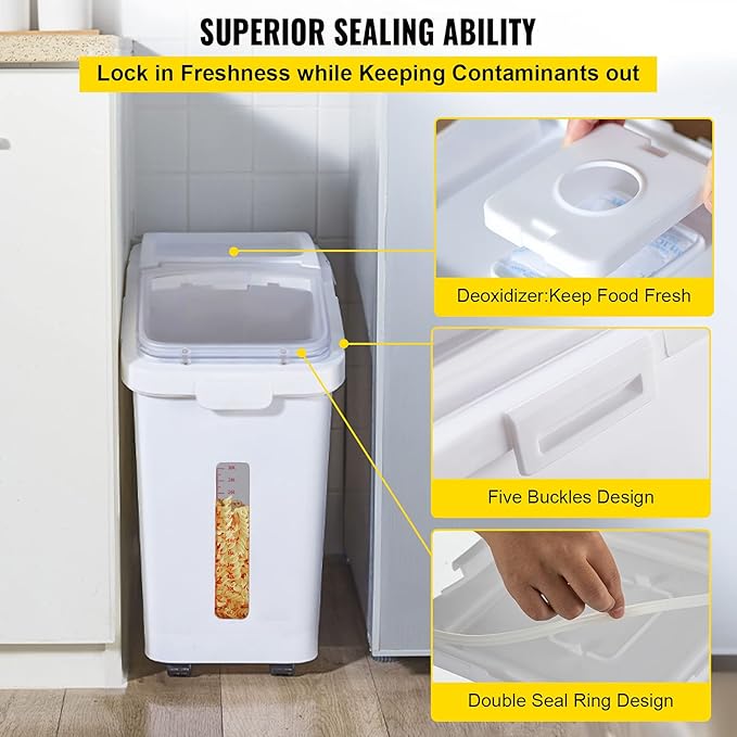 VEVOR Ingredient Storage Bin, 11.4 Gallon Capacity Shelf Ingredient Bin, 280 Cup Flour Bins on Wheels Commercial Prosave Shelf-storage Ingredient Bin with Lid and Scoop Rice Bin for Kitchen White | Ideal for Kitchen Rice, Dog Food, Flour, Sugar Storage...