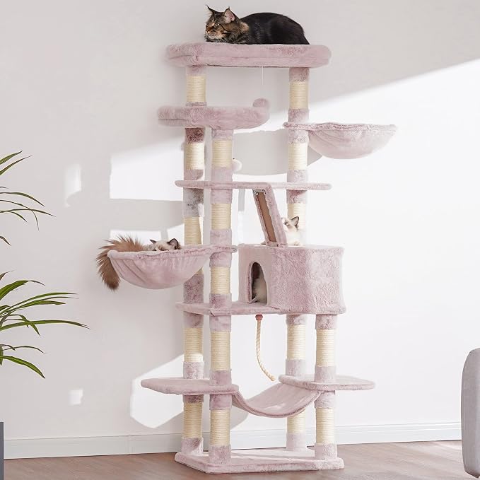 Heybly Cat Tree, 68 inch Multi-Level Cat Tower for Indoor Cats HCT025MU | Cat Condo with 2 Widened Plush Perches, 2 Cozy Baskets, Scratching Board and Big Caves, Rosy Brown