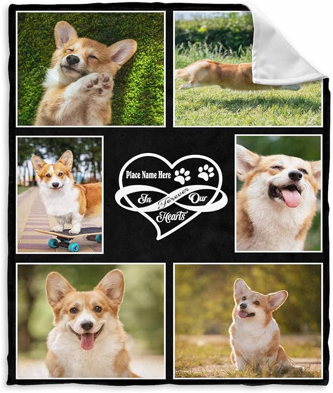 InterestPrint Personalized Pet Memorial Blanket Pet in Our Hearts Blanket Custom Loss of Dog Memorial Fleece Blankets Memory Throw Blanket Gift for Grieving Pet Owner 60X80 Inch