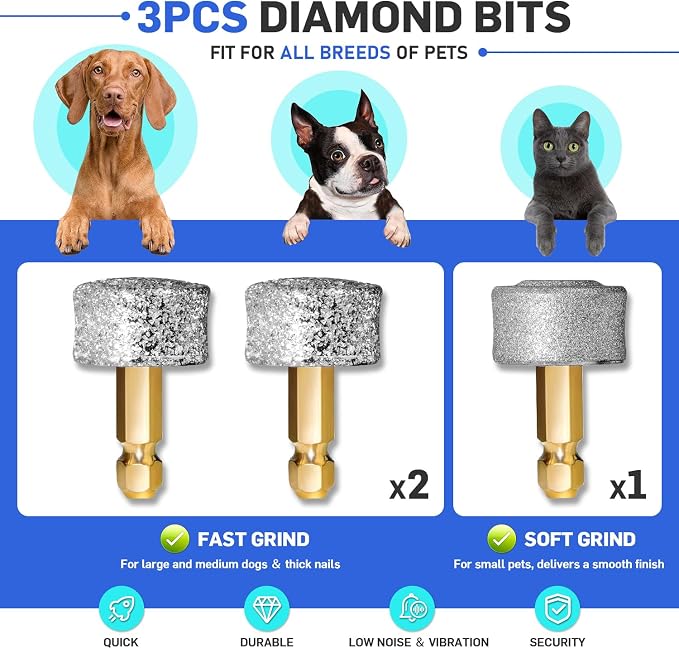 CADOLS Dog Nail Grinder & Clipper 2-in-1 Set - 25dB Ultra Quiet with 3 Grinding Wheels & 2 LED Lights, Rechargeable for Large/Puppy Dogs & Cats, 3-Speed Adjustable for Anxious Pets