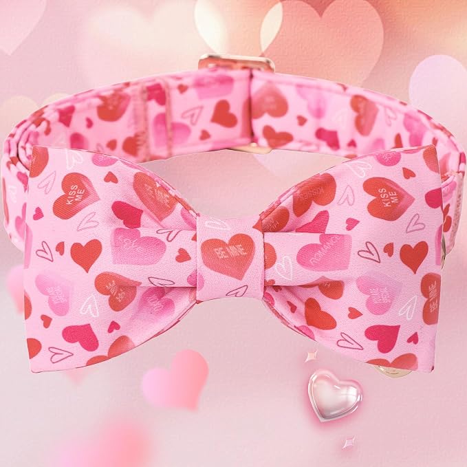 DOGWONG Valentine's Dog Collar with Bow - Cute Heart Bowtie Dog Collars, Adjustable Valentine Pink Heart Pet Collars Design Dog Collar with Quick Release Buckle for Puppy Girl Boy Female Dogs