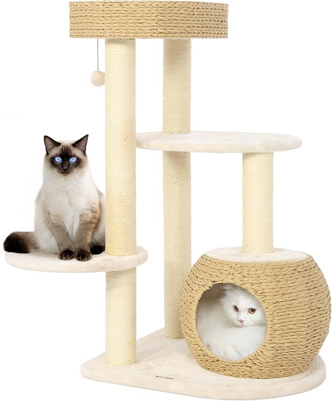 Modern Cat Tree, 39" Tall Cat Tree for Large Cats Cat Condo | Natural Sisal with Scratching Posts Indoor Cats, Hand-Woven Tower & Top Perch, Cat-Tree for Kittens Climb Play & Rest
