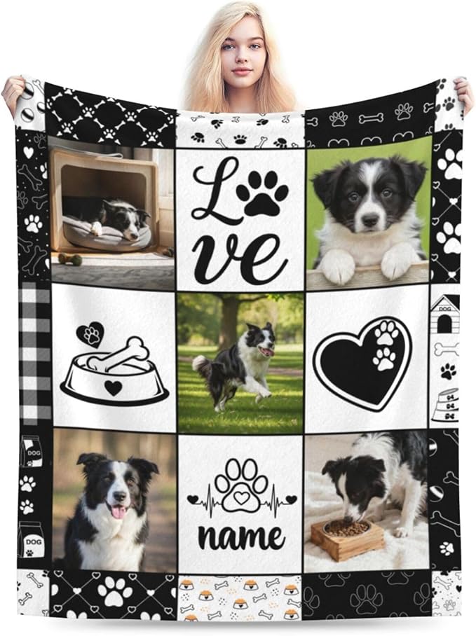 Nxwdwqa Personalized Dog Blanket Throws with Photos, Custom Pet Name Blanket, Dog Gifts for Pet Lovers, Customized Puppy Blanket for Adult Kid Birthday Christmas Fathers Mothers Valentines Gift