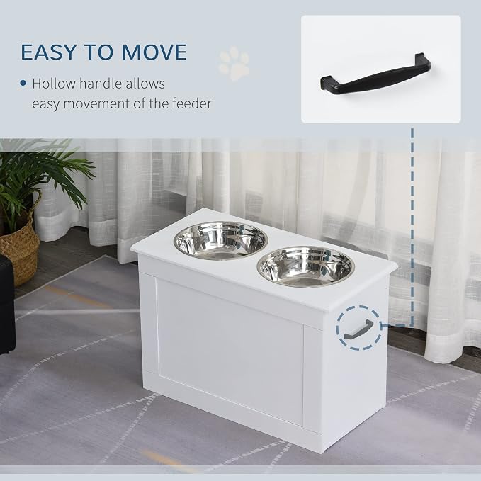 PawHut Raised Pet Feeding Storage Station for Large Dogs, White | with2 Stainless Steel Bowls Base for Other Large Pets