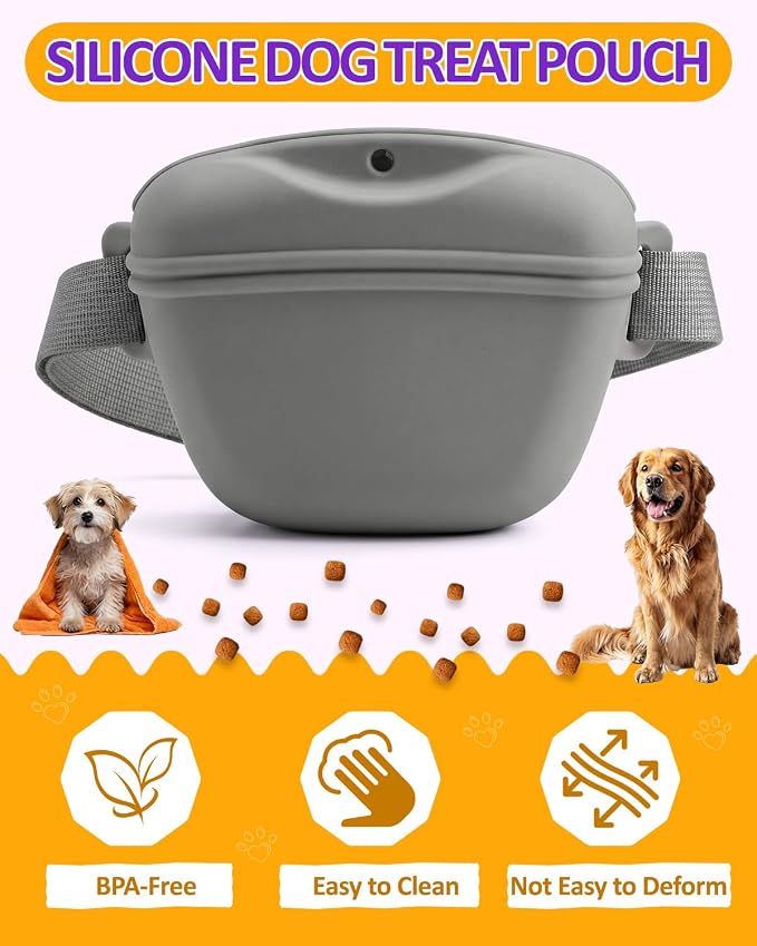 One-Hand Access 2-Pack Silicone Dog Treat Pouches with 2 Training Clickers - Magnetic Auto-Closing Lid, Extended Waist Belt, Pocket-Sized for Walks