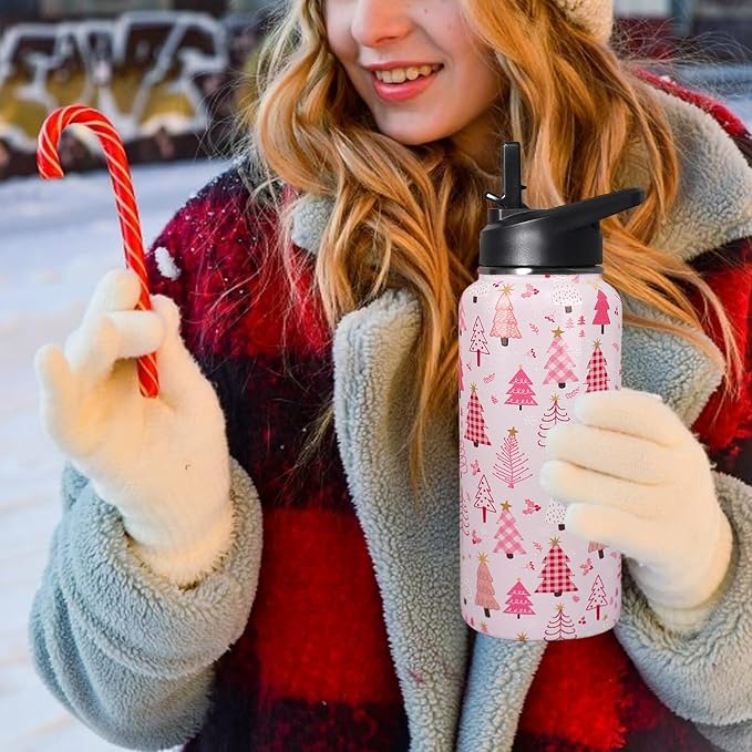 32oz Christmas Tree Insulated Aater Water Bottle with Straw,Pink Gym Hiking Sports Coffee Mug Cup Water Bottles,Christmas Gifts for Women,Christmas Decor Stuff Accessories