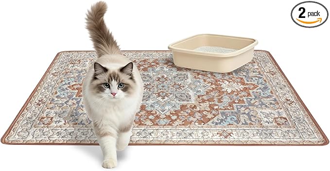 Cat Litter Mat 2 Pack, Reusable Large 36"x48" Kitty Litter Trapping Mat, Machine Washable Litter Mats for Cats, Waterproof & Non-Slip Compatible with Cat Box (Beige Medallion)