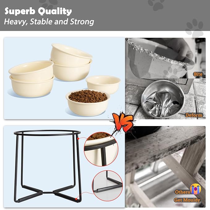Ceramic Elevated Dog Food Bowl - Heavyweight Feeding Bowl with Metal Stand - Raised Pet Dish for Medium and Larges Dogs - 5.8 Cups - 47.3 oz - Beige