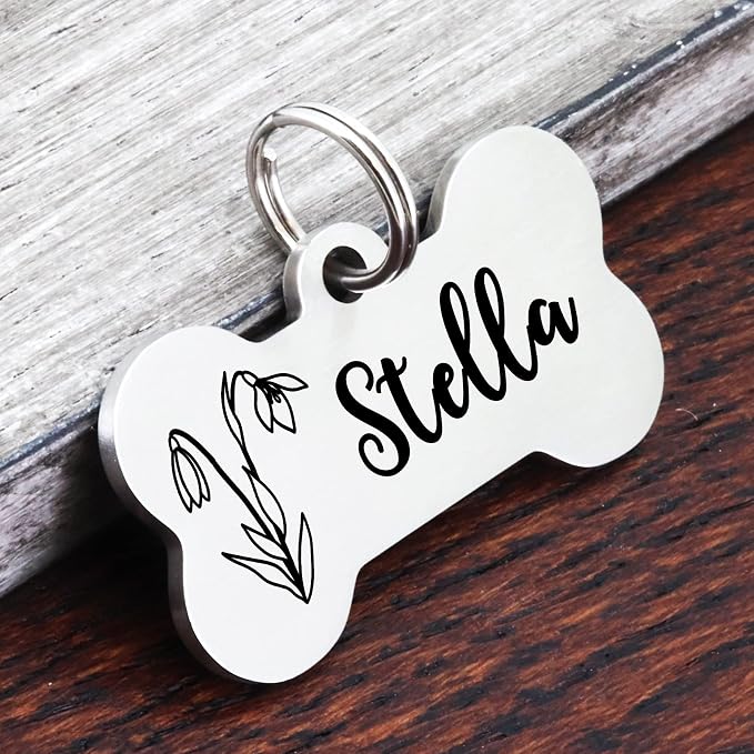 Ultra Joys Personalized Dog Tags for Pets - Durable Stainless Steel Customizable Dog Cat ID Tags - Dog Tags for Safety Optional Engraved on Both Sides -Birth Flower Dog Tag Large, Silver