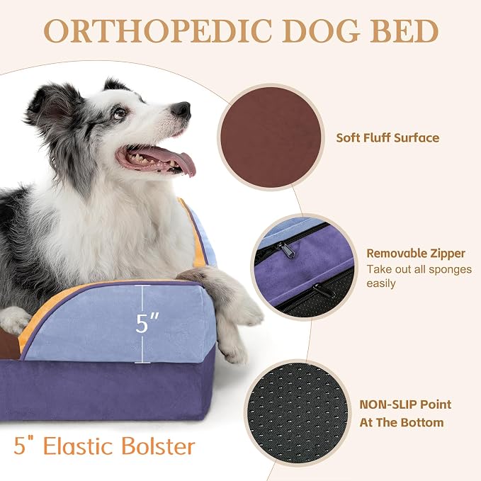 Comfort Expression Orthopedic Dog Bed for Extra Large Dogs with Bolster | Waterproof Dog Couch Bed with Washable Cover & Non-Slip Bottom, Supportive Egg Crate Foam XL Pet Bed, 42x30 Inch