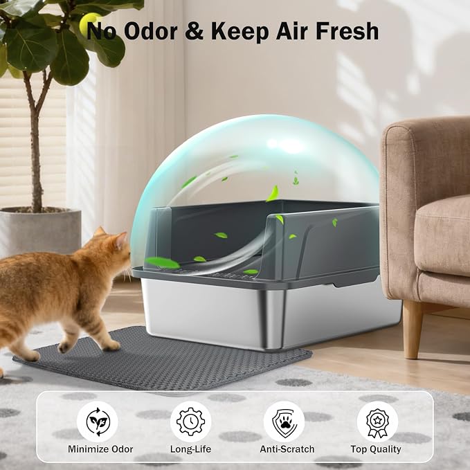Stainless Steel Cat Litter Box with Lid, High-Sided Metal Litter Pan for Small Cats, Kitty Litter Box, Non-Stick & Odor-Resistant, Anti-Urine Leakage, Easy to Clean, Scoop Included