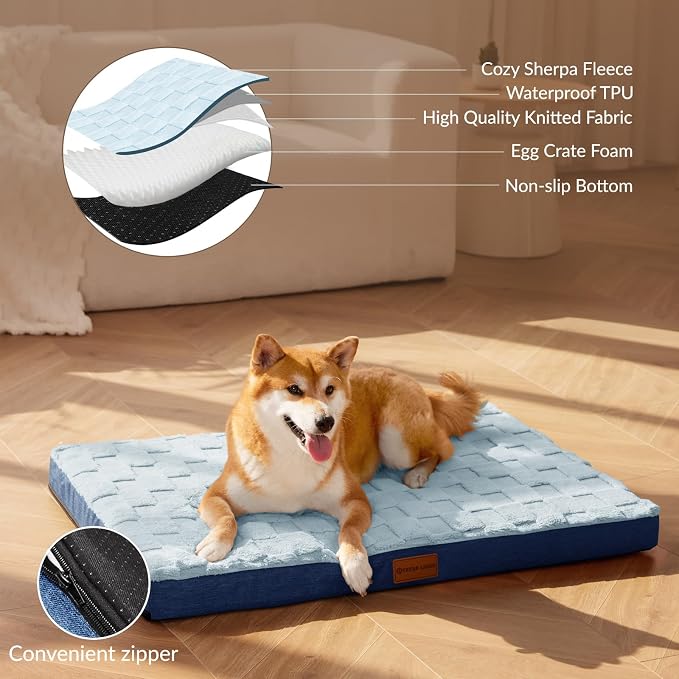 Patas Lague Orthopedic Large Dog Bed Washable Pet Crate Mat 48''X30'' Blue | Egg-Crate Foam Dog Couch For Large Sized Dogs, Waterproof Removable Cover, Soft Pet Bed With Nonskid Bottom