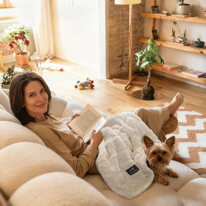 Luciphia Waterproof Dog Blanket for Small Medium Dogs Washable Couch Protector Soft Fluffy 3D Heart Jacquard Puppy Cat Blanket with Sherpa Fleece Cozy Calming Throw Blankets, Beige 57x40 inch